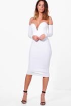 Boohoo Amy Plunge Detail Off The Shoulder Midi Dress Ivory
