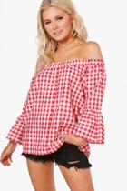 Boohoo Ella Off The Shoulder Gingham Shirt Red