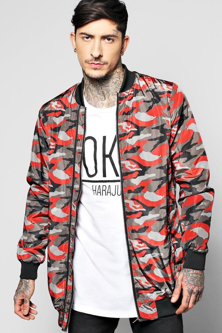 Boohoo Longline All Over Camo Multi Zip Jacket Red