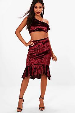 Boohoo Ava One Shoulder Frill Crop And Midi Skirt Set