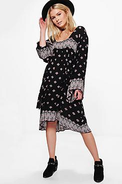 Boohoo Cora Placement Print Wide Sleeve Smock Dress