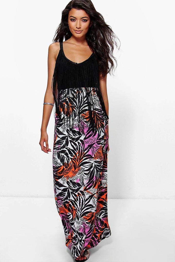 Boohoo Ali Tropical Palm Print Floor Sweeping Maxi Skirt Multi