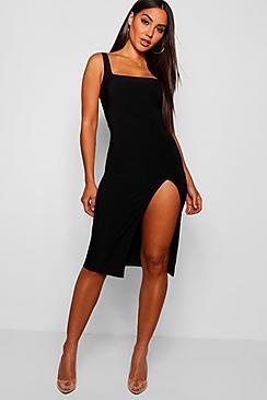 Boohoo Yaz Double Slinky Square Neck Split Midi Dress