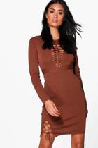 Boohoo Frey Caged Detail Knitted Dress Camel