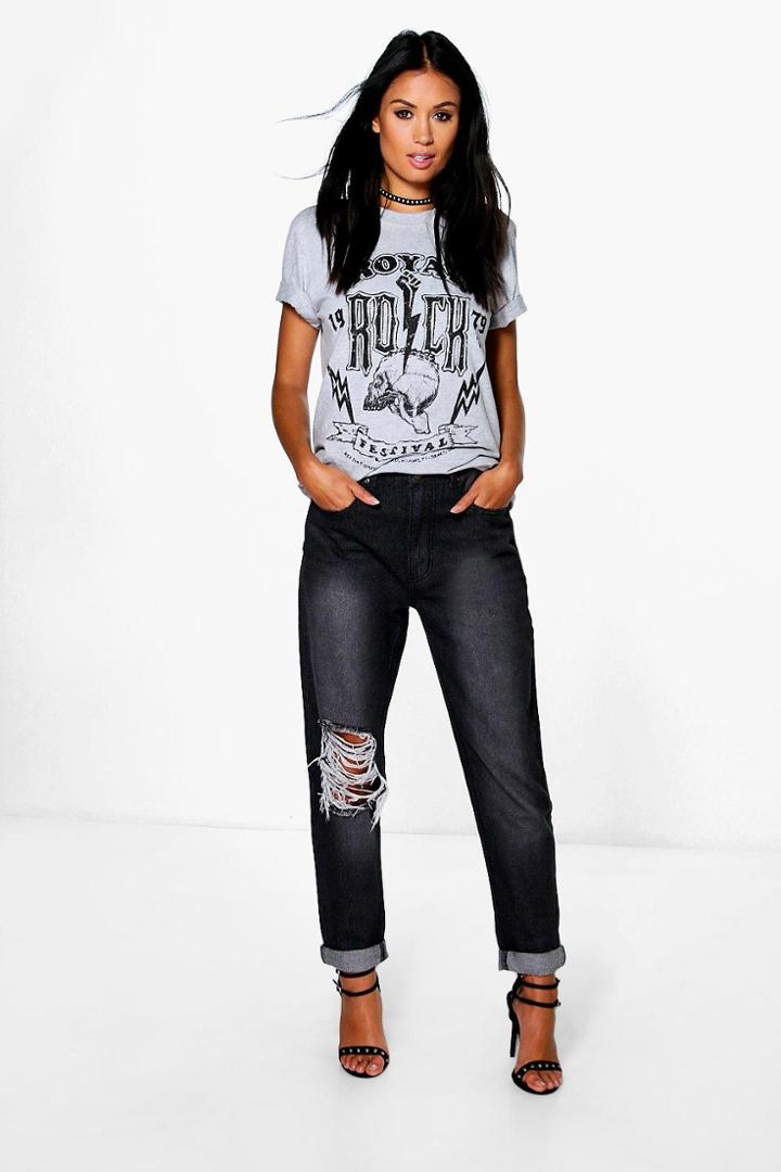 Boohoo Hatty High Rise Cheeky Rip Boyfriend Jeans Charcoal