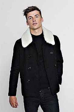 Boohoo Borg Collar Wool Blend Pea Coat