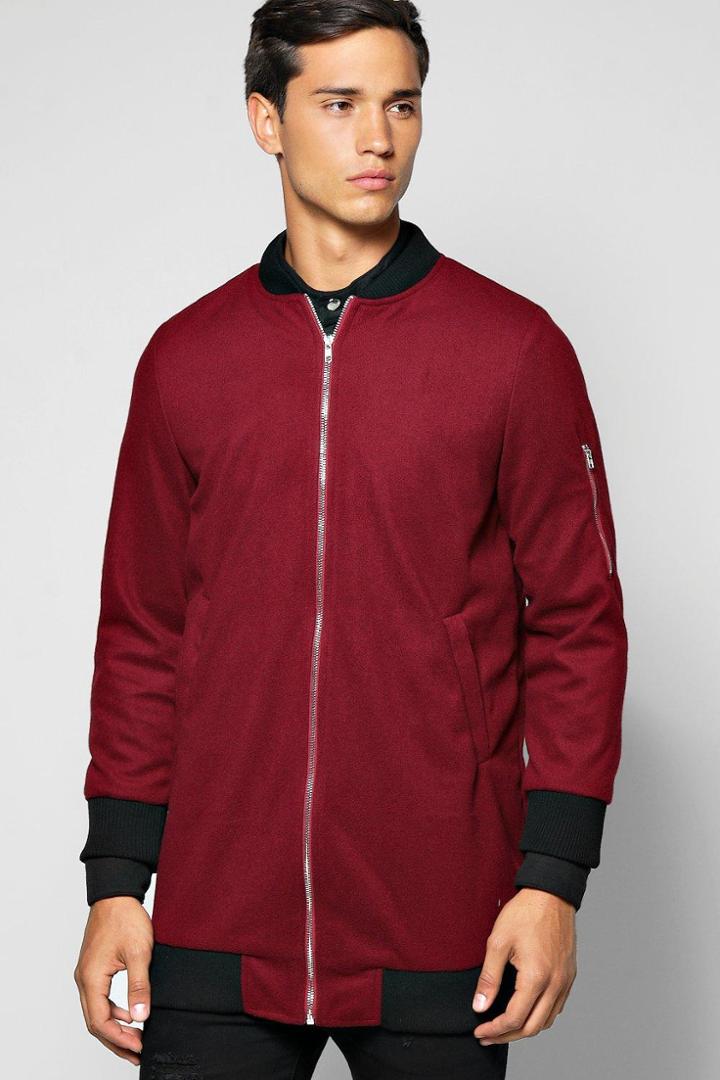 Boohoo Longline Coat With Ma1 Shoulder Zip Wine
