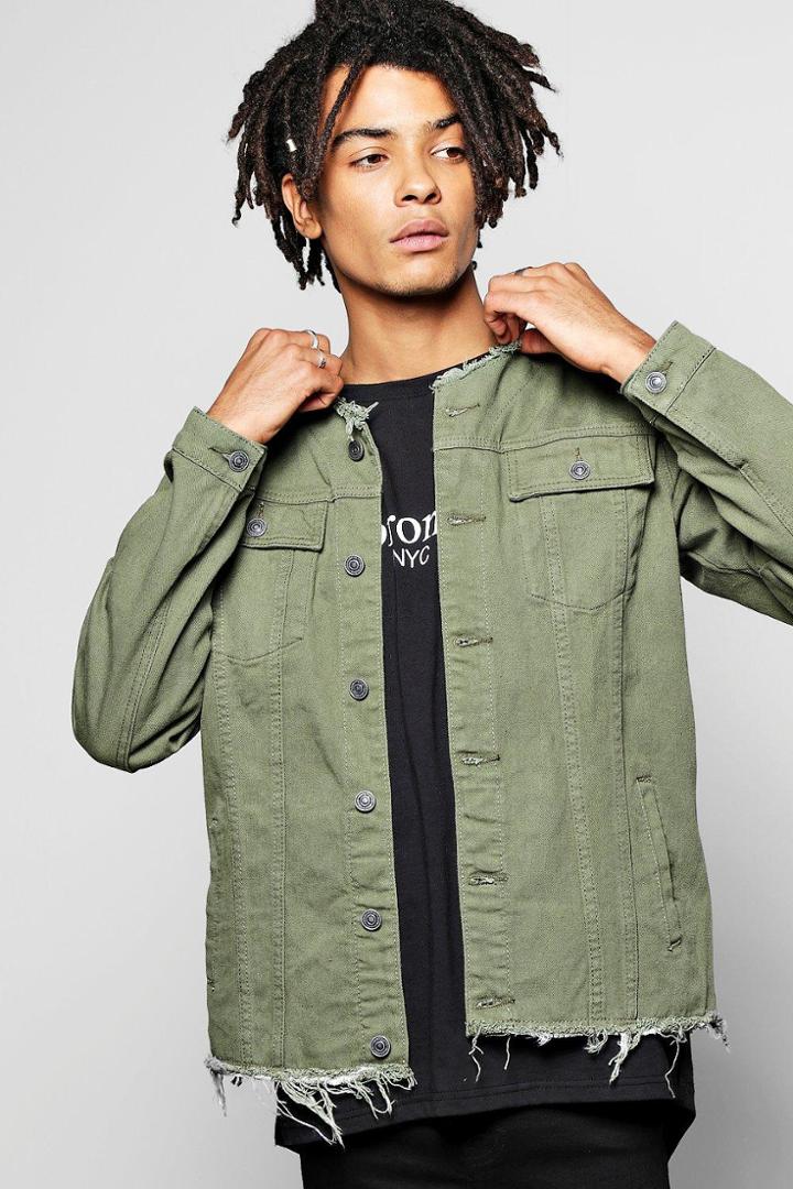 Boohoo Raw Edge Jean Jacket Khaki