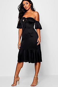 Boohoo Odette Satin Cold Shoulder Midi Dress