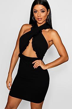 Boohoo Lola Ruffle Cross Over Cut Out Bodycon Dress