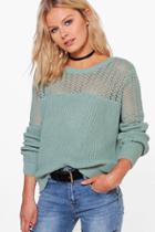 Boohoo Layla Open Knit Crew Neck Jumper Sage