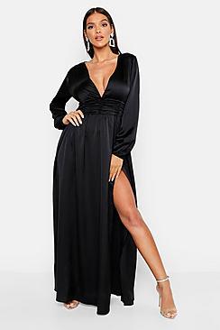 Boohoo Satin Long Sleeve Split Detail Maxi Dress