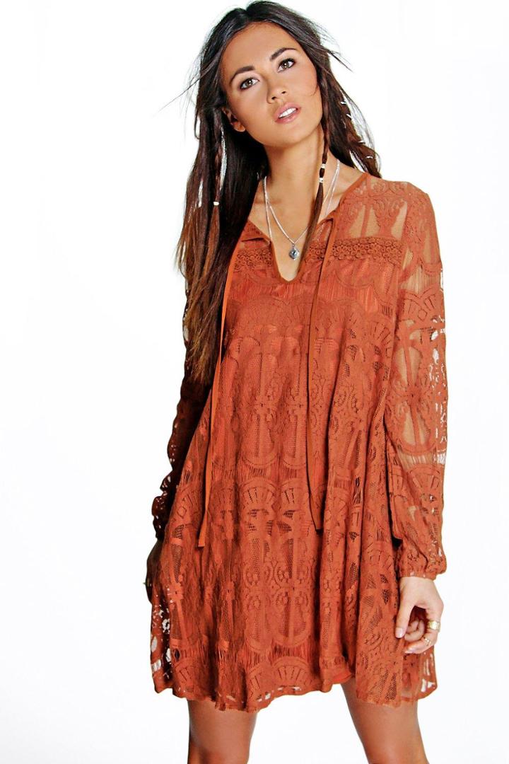 Boohoo Tara Tie Front Lace Swing Dress Rust