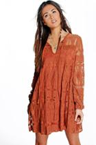 Boohoo Tara Tie Front Lace Swing Dress Rust