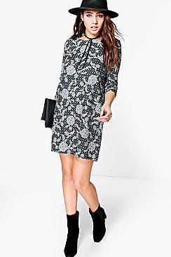 Boohoo Marsa Printed 3/4 Sleeve Shift Dress