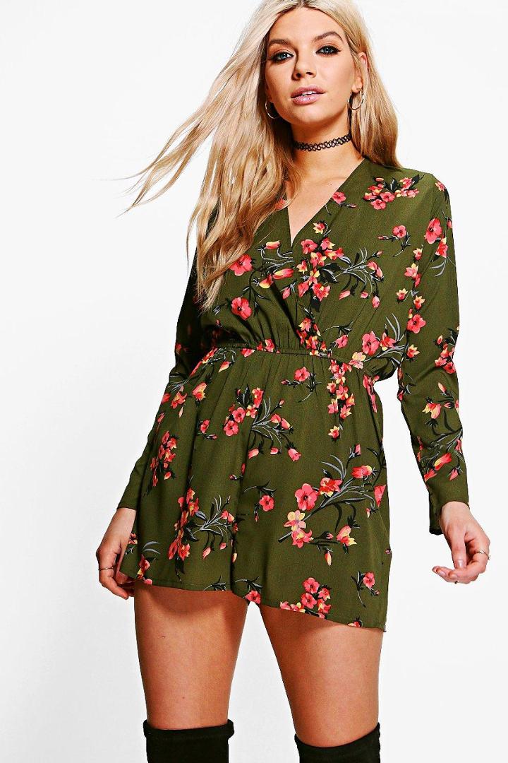 Boohoo Jenny Wrap Front Ruffle Hem Playsuit Khaki