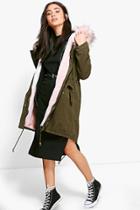 Boohoo Lacey Faux Fur Parka Blush