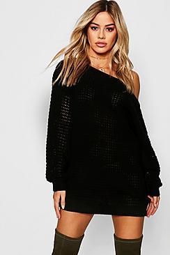 Boohoo Petite Waffle Knit Off The Shoulder Jumper Dress