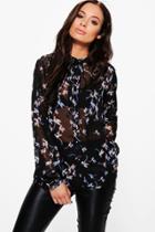 Boohoo Abigail Printed Neck Tie Shirt Black