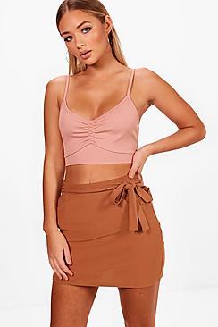 Boohoo Tara Pocket Front Tie Waist Crepe Mini Skirt