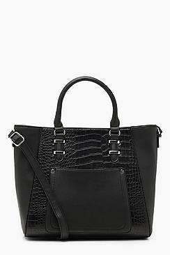 Boohoo Faux Croc & Pocket Tote Bag