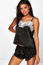 Boohoo Ellie Contrast Lace Satin Tank Top And Short Set Black