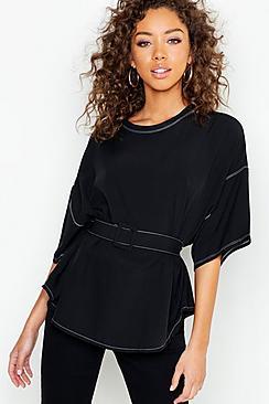 Boohoo Contrast Stitch Self Belt Blouse