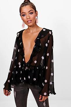 Boohoo Eva Spot Woven Ruffle Front Top