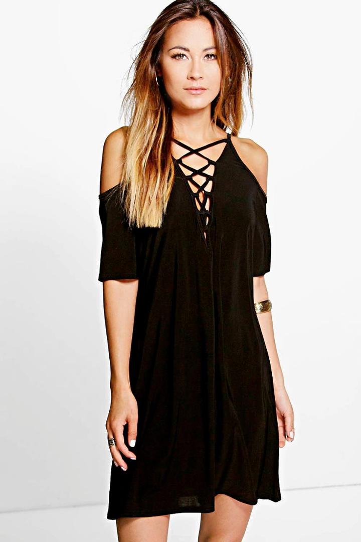 Boohoo Laura Open Shoulder Lace Up Shift Dress Black