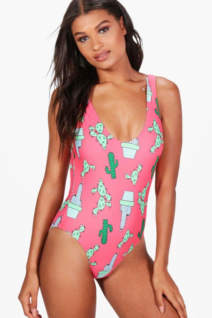 Boohoo Paphos Cactus Scoop Neck Bathing Suit Coral