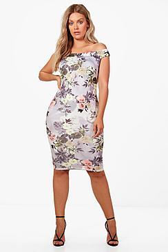 Boohoo Plus Eve Off Shoulder Floral Midi Bodycon Dress