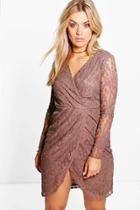 Boohoo Plus Alicia Lace Wrap Front Dress Mocha