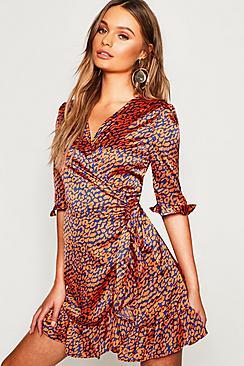 Boohoo Satin Leopard Print Ruffle Wrap Dress