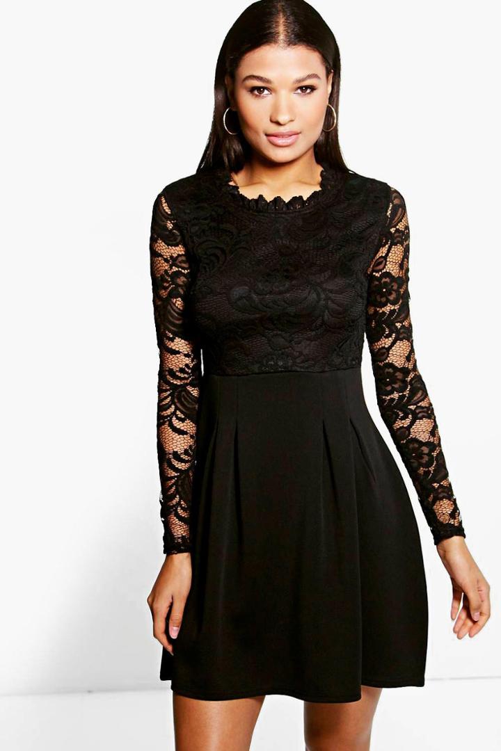 Boohoo Lisa High Neck Lace Skater Dress Black