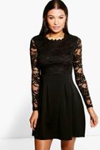 Boohoo Lisa High Neck Lace Skater Dress Black