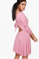Boohoo Yasmin Tie Back Long Sleeve Skater Dress Lilas