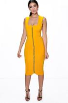 Boohoo Sia Square Neck Zip Front Midi Bodycon Dress Ochre