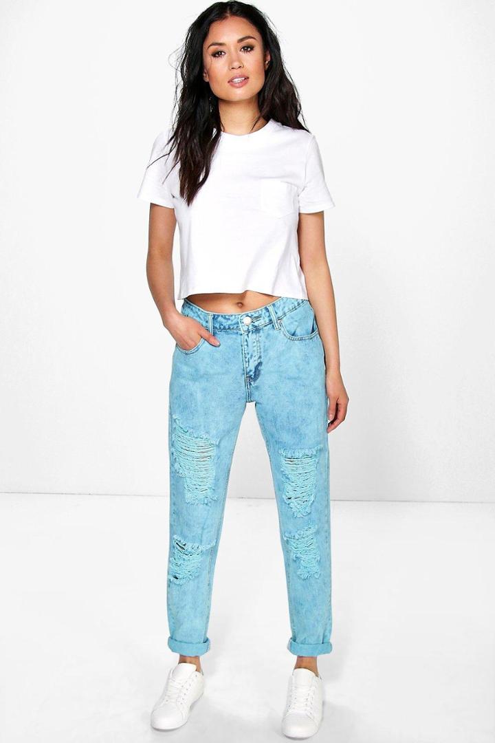 Boohoo Tanya Bleach Wash Distressed Boyfriend Jeans Turquoise