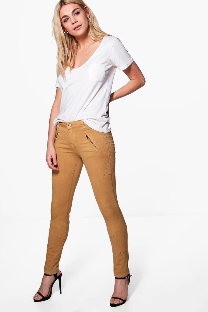 Boohoo Preya Zip Side Skinny Stretch Trousers Camel