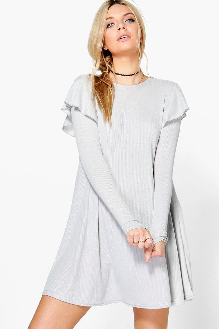 Boohoo Alice Ruffle Shoulder Rib Knit Swing Dress Grey