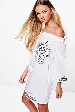 Boohoo Frey Embroidered Off Shoulder A-line Dress