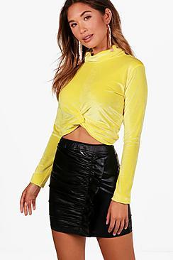 Boohoo Eliza Knot High Neck Velvet Top