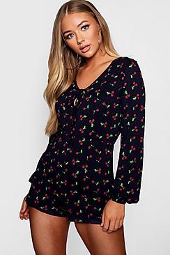 Boohoo Tie Detail Cherry Print Playsuit