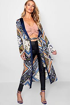 Boohoo Jessica Border Scarf Print Asymmetric Kimono