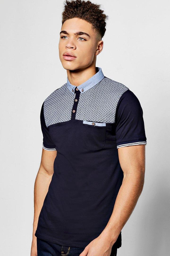 Boohoo Navy Short Sleeve Printed Yoke Polo Navy