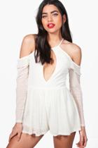 Boohoo Zoe Cold Shoulder Ruffle Spot Mesh Playsuit Ivory