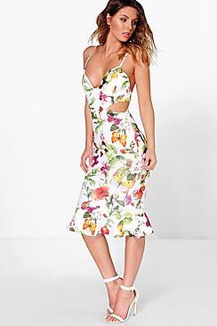 Boohoo Dorris Floral Cut Out Side Peplum Hem Midi Dress