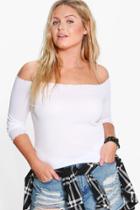 Boohoo Plus Casey Ruched Hem Off The Shoulder Top White