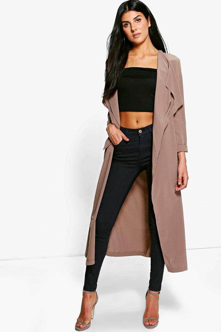 Boohoo Erin Premium Woven Waterfall Duster Mocha
