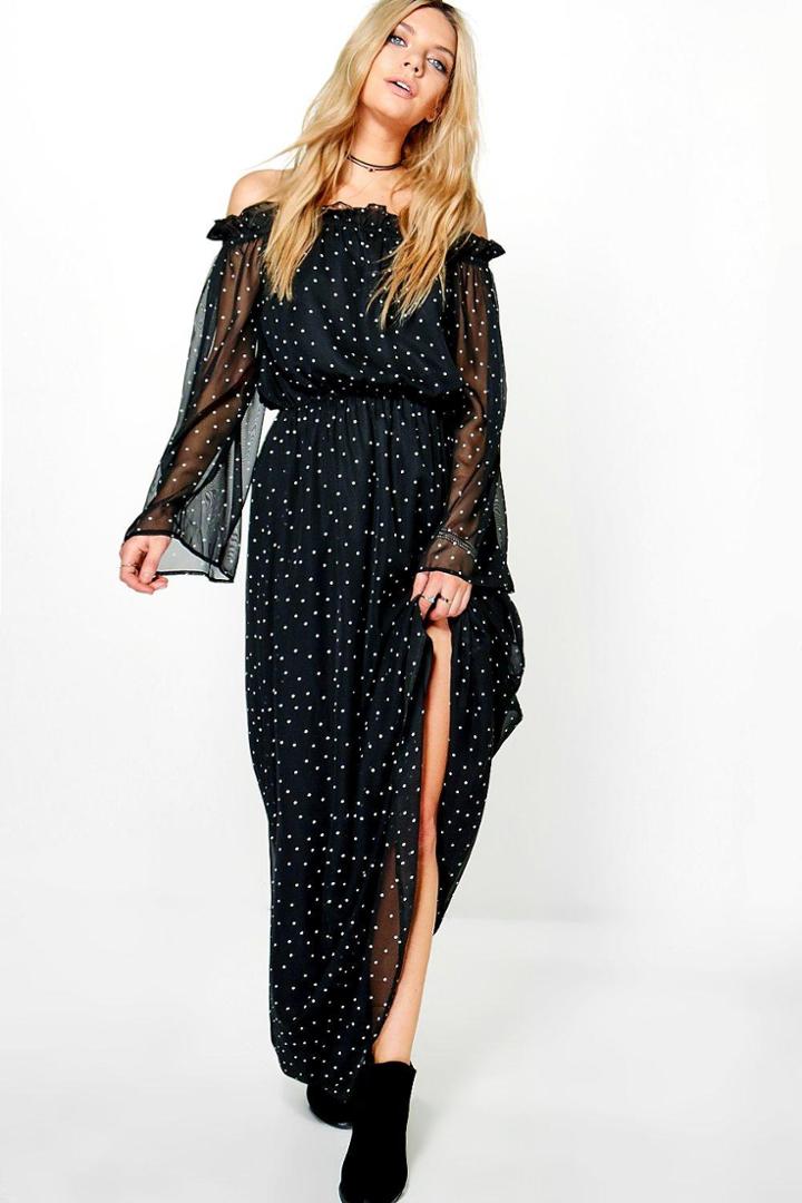 Boohoo Erin Polka Dot Off Shoulder Maxi Dress Black